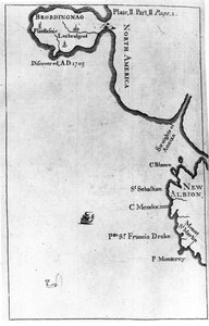 Mapa de Brobdingnag, ilustração da primeira edição de &39;Gulliver&39;s Travels&39; de Jonathan Swift, 1726 (impressão)